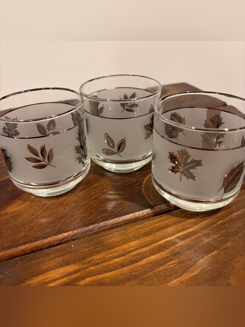 Set of 3 Vintage MCM Libbey Frosted Silver Leaf 8 Oz Highball Barware Glasses